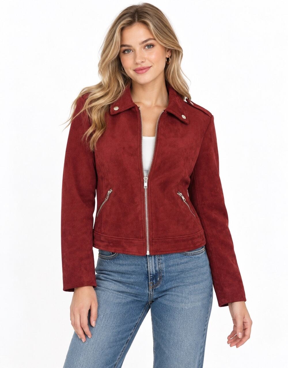 NWT Philosophy Brownish Burgundy Faux Leather Collared Full Zip Jacket